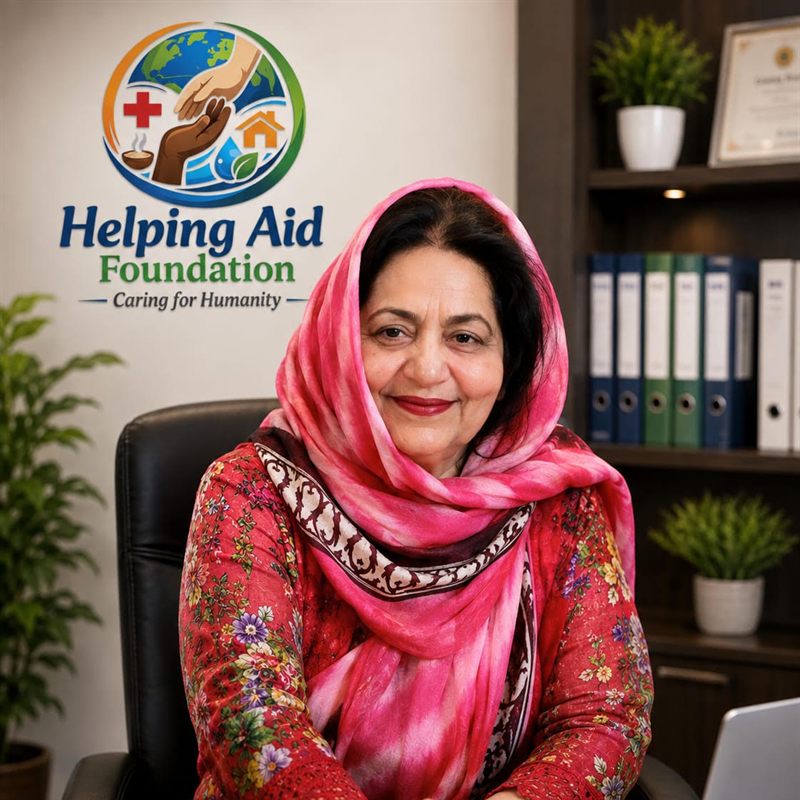 Mrs. Nabeela Shah, Founder of Helping Aid Foundation, at her desk beneath the Foundation logo